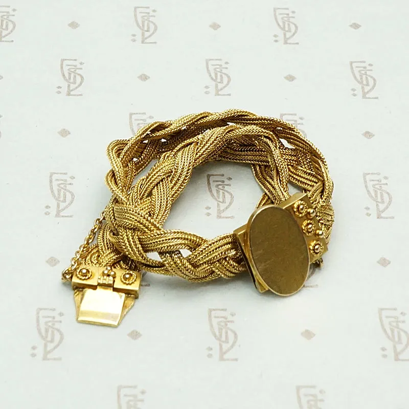 Striking Woven Gold Bracelet with Etruscan Revival Detail