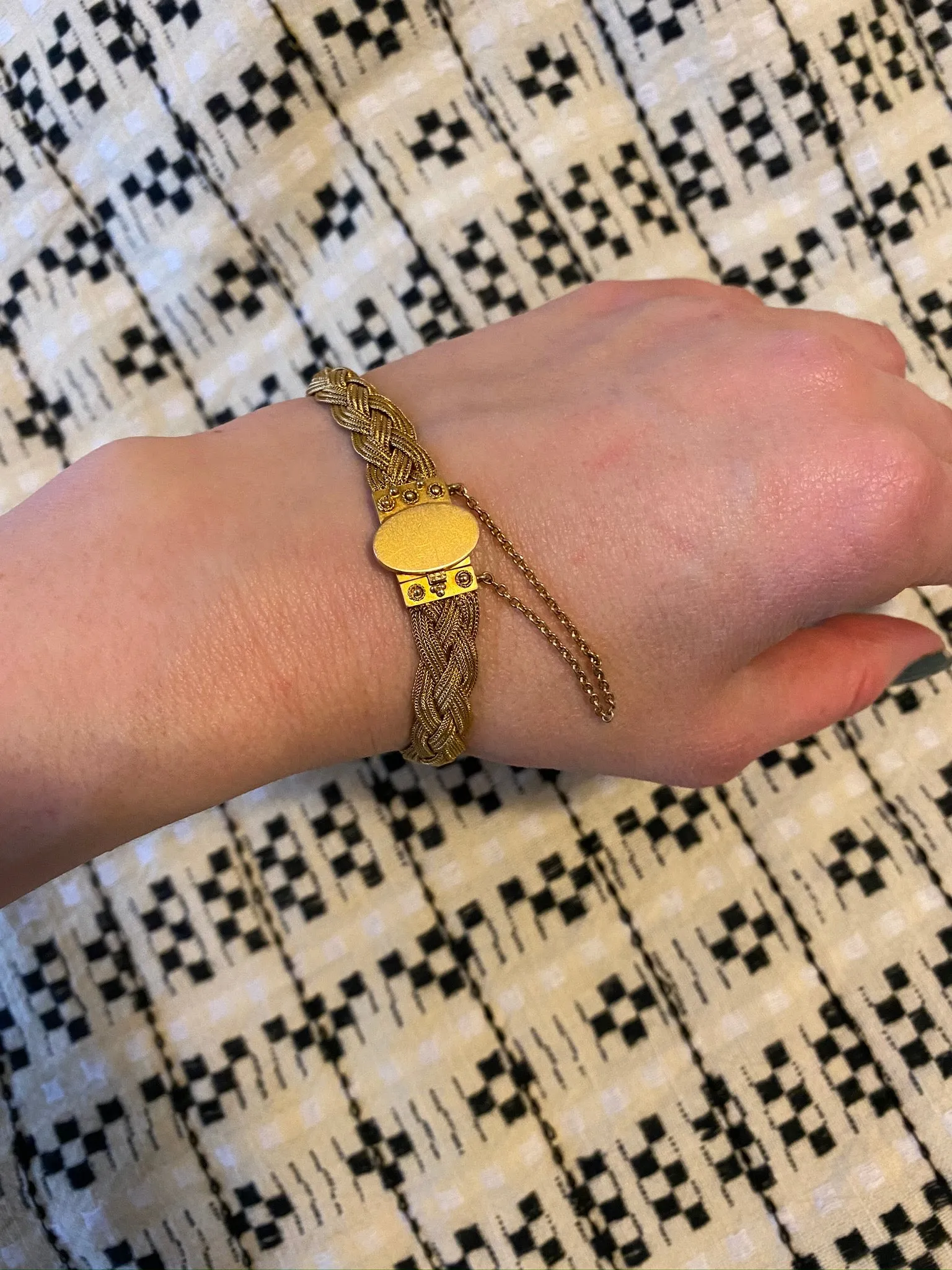 Striking Woven Gold Bracelet with Etruscan Revival Detail