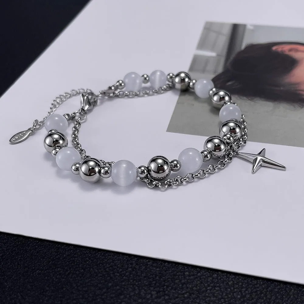 Stunning Cats Eye Stone Stainless Steel Cross Bracelet