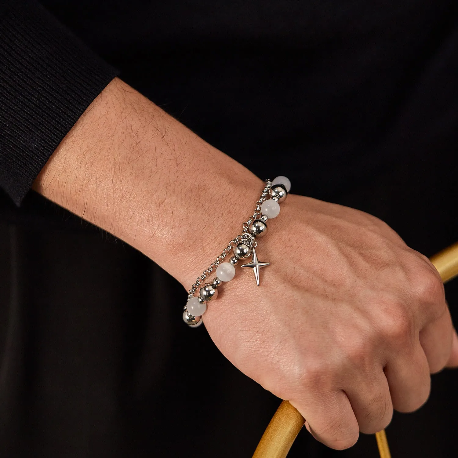 Stunning Cats Eye Stone Stainless Steel Cross Bracelet