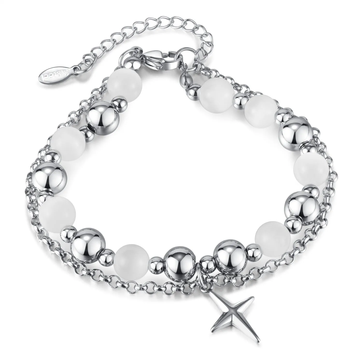 Stunning Cats Eye Stone Stainless Steel Cross Bracelet