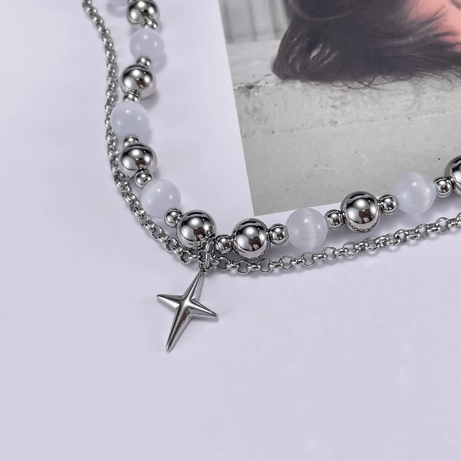 Stunning Cats Eye Stone Stainless Steel Cross Bracelet