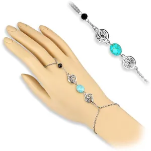 Stunning Turquoise & Black Bead Charm Rhodium Plated Slave Chain Bracelet