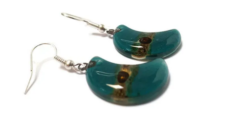 Teal and Brown Moon Earrings Recycled Glass Drop Earrings. Glass Jewelry