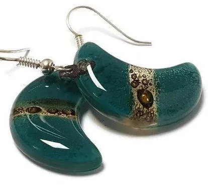 Teal and Brown Moon Earrings Recycled Glass Drop Earrings. Glass Jewelry