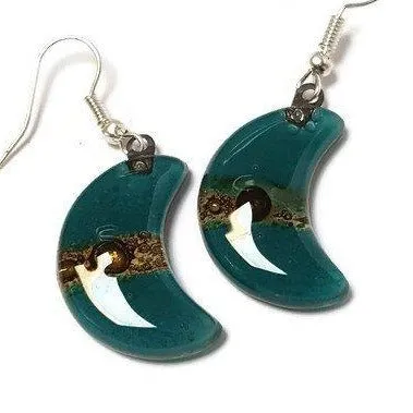 Teal and Brown Moon Earrings Recycled Glass Drop Earrings. Glass Jewelry