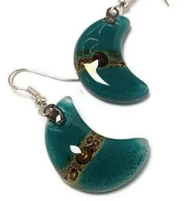 Teal and Brown Moon Earrings Recycled Glass Drop Earrings. Glass Jewelry