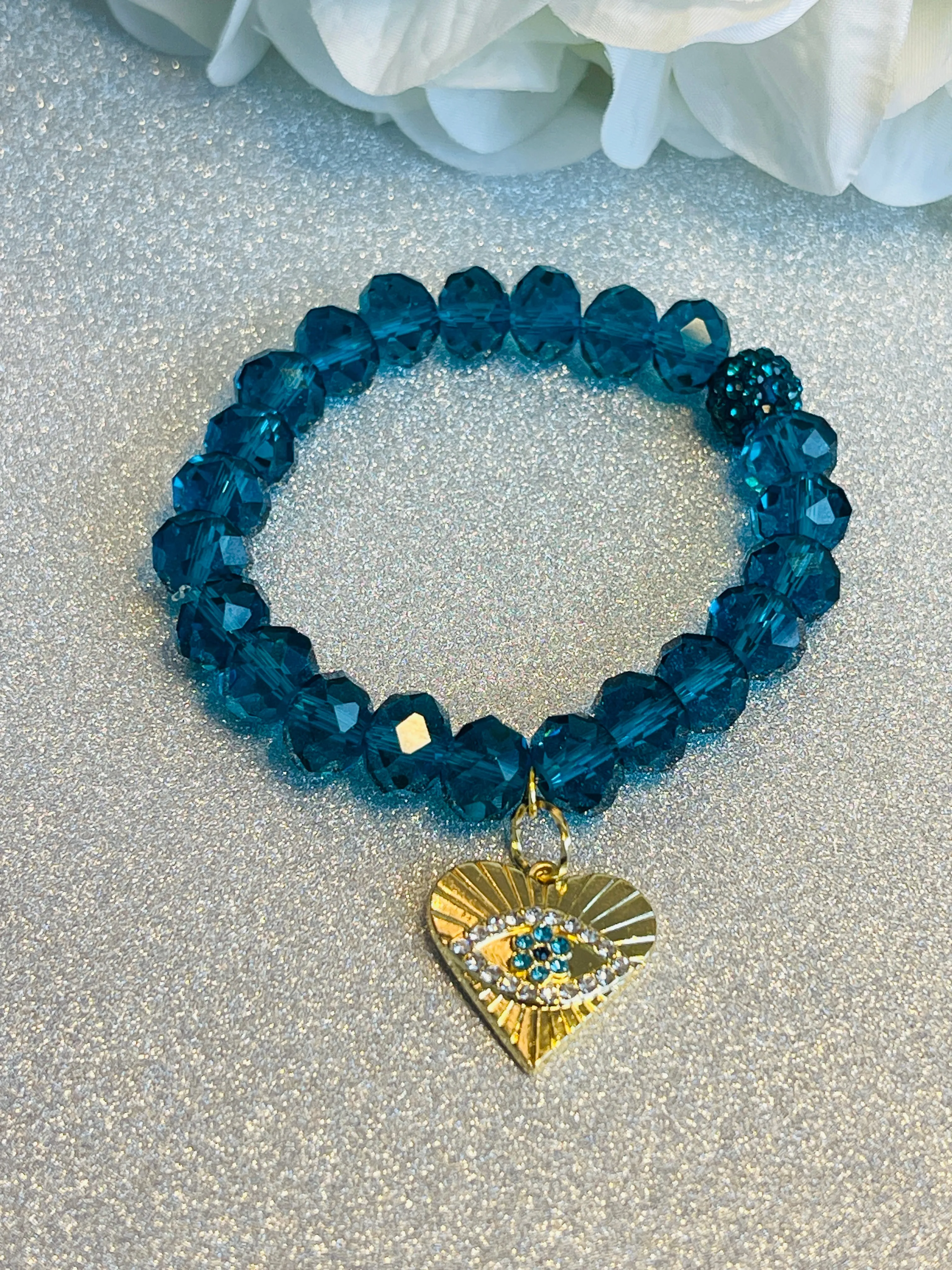 The Sparkling Glass Bead with Evil Eye Heart Bracelet