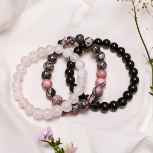 Trio of Bracelets "Peace & Balance" in Onyx, Rose Quartz & Rhodonite