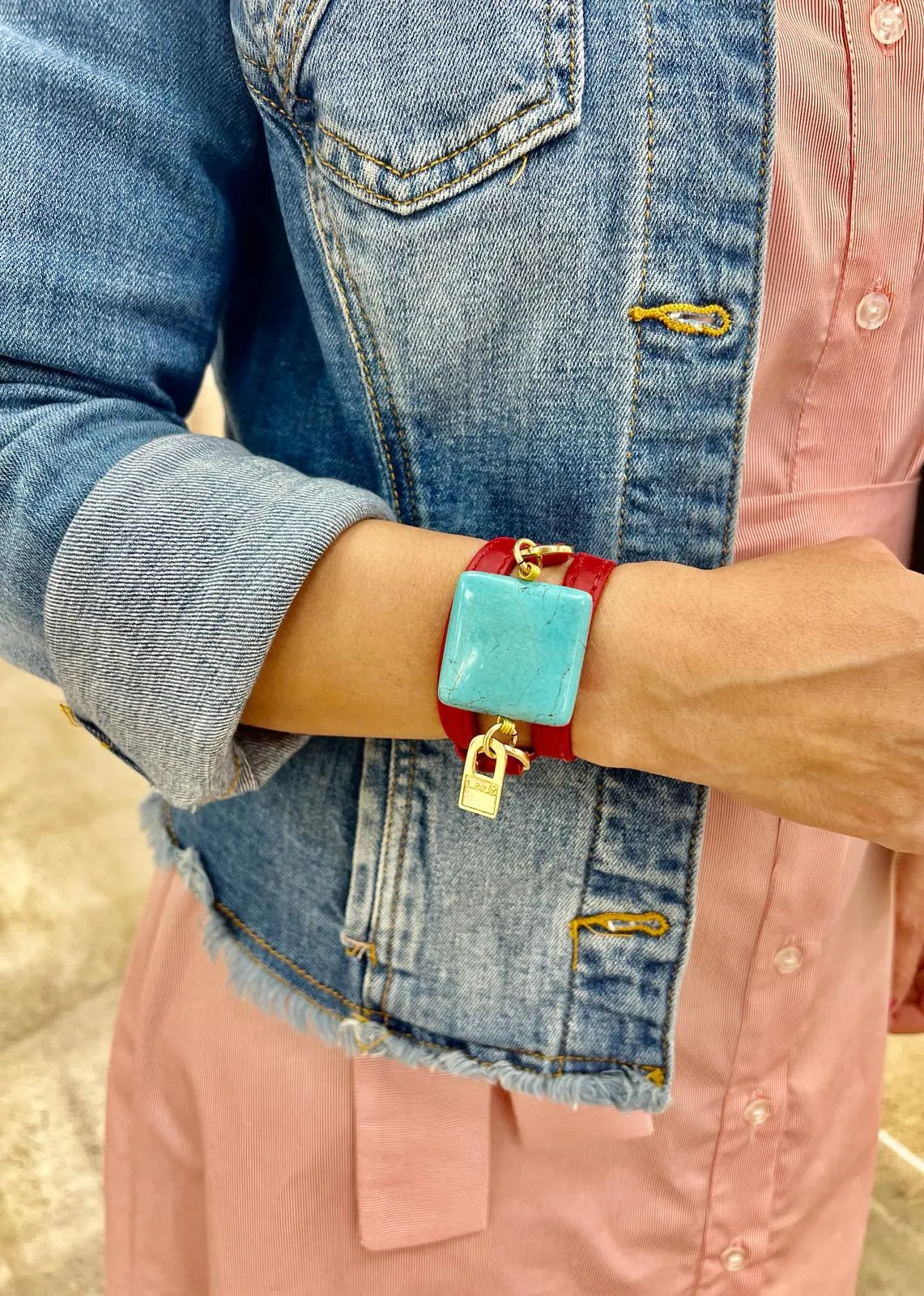 Triple Wrap Red Leather Bracelet with Turquoise Stone
