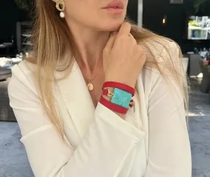 Triple Wrap Red Leather Bracelet with Turquoise Stone