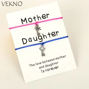 VEKNO 2pcs/set Handmade Multicolor Women Bracelet for Mother Daughter Cute Silver Key Adjustable Braided Charm Bracelets Jewelry
