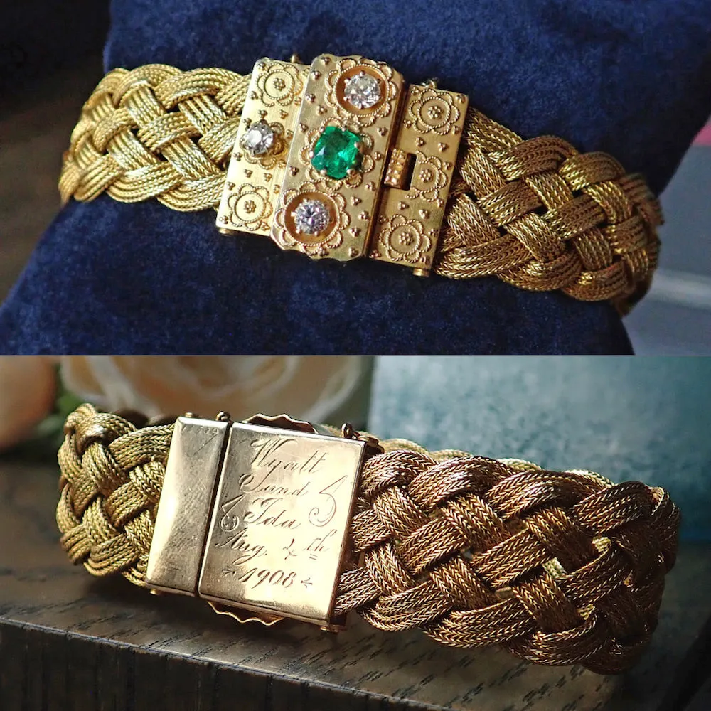 Victorian Emerald & Diamond Clasp Braided Bracelet