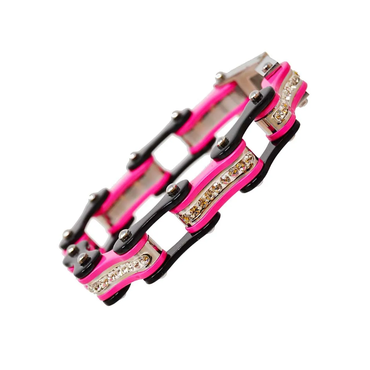 VJ1119 Two Tone Black and Pink Ladies Bike Chain Bracelet with White Crystal Centers