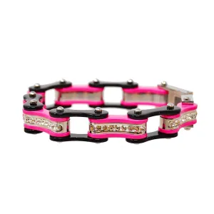VJ1119 Two Tone Black and Pink Ladies Bike Chain Bracelet with White Crystal Centers