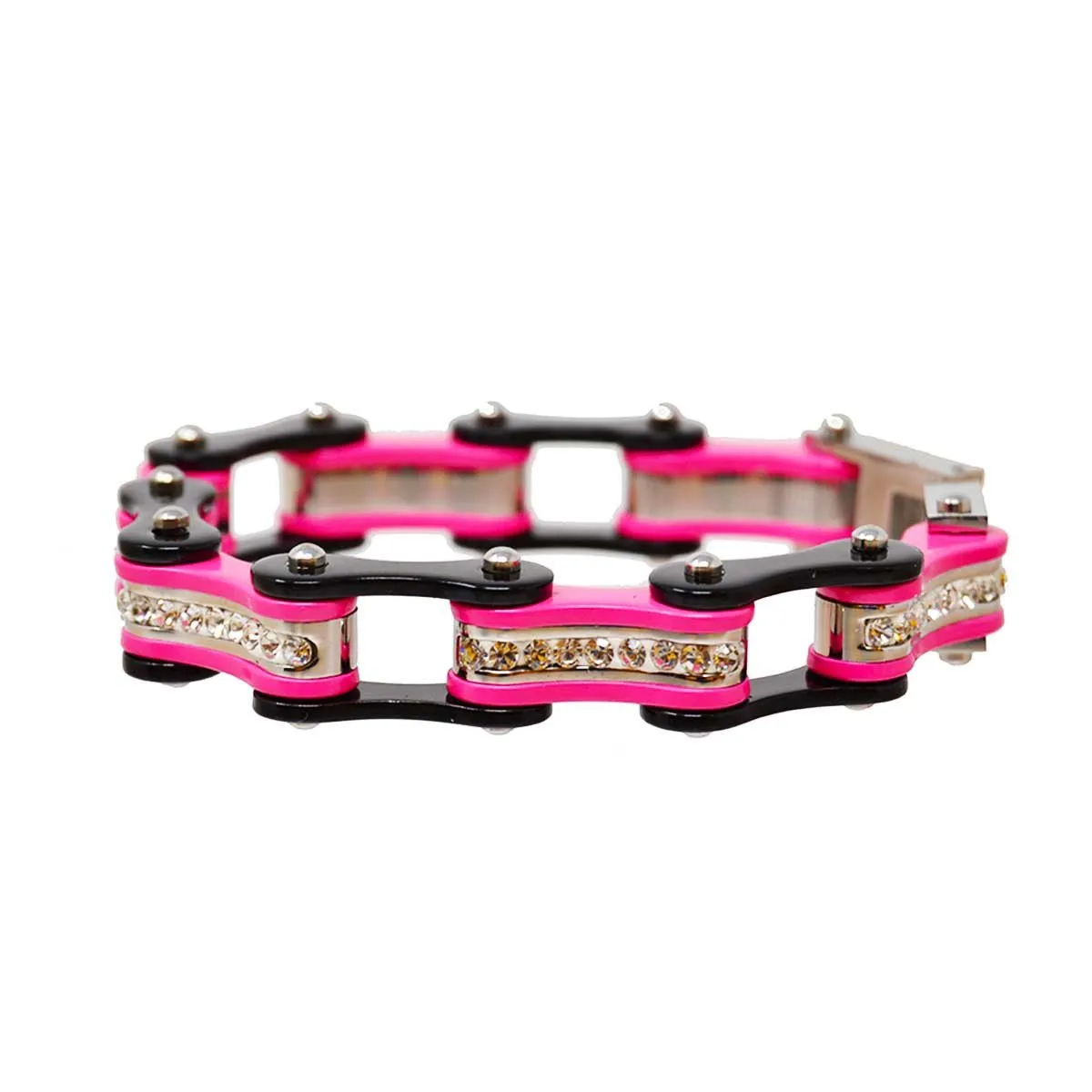 VJ1119 Two Tone Black and Pink Ladies Bike Chain Bracelet with White Crystal Centers