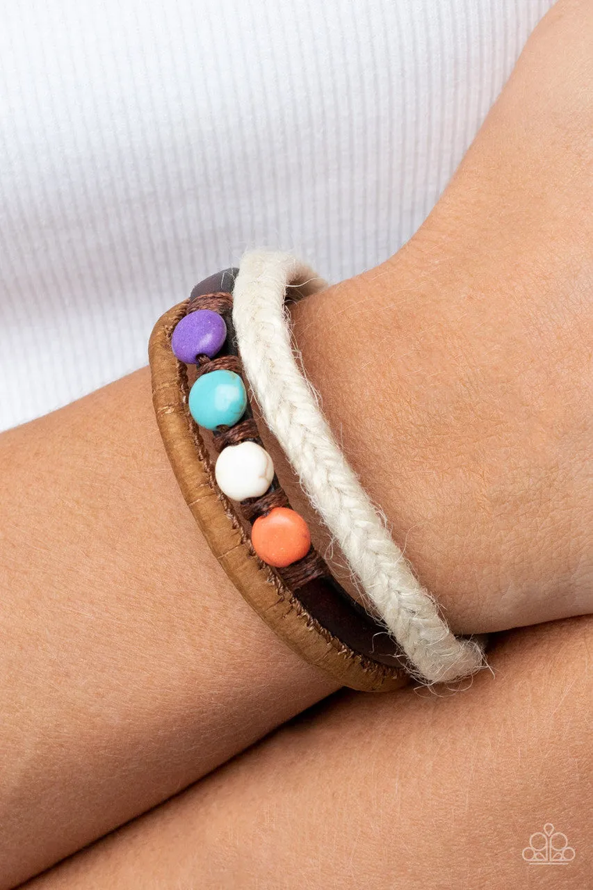 WANDER-struck Style - Multi - Stone Bead Braided Cord Brown Leather Paparazzi Pull-Cord Bracelet