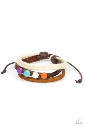 WANDER-struck Style - Multi - Stone Bead Braided Cord Brown Leather Paparazzi Pull-Cord Bracelet