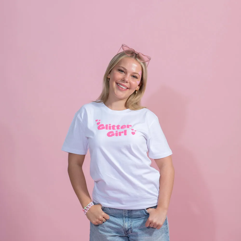 White T shirt with hot pink Glow in the Dark puff - Adults