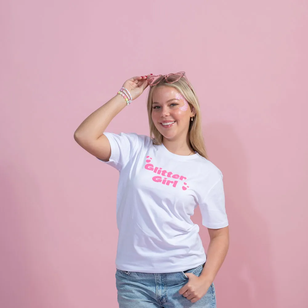 White T shirt with hot pink Glow in the Dark puff - Adults