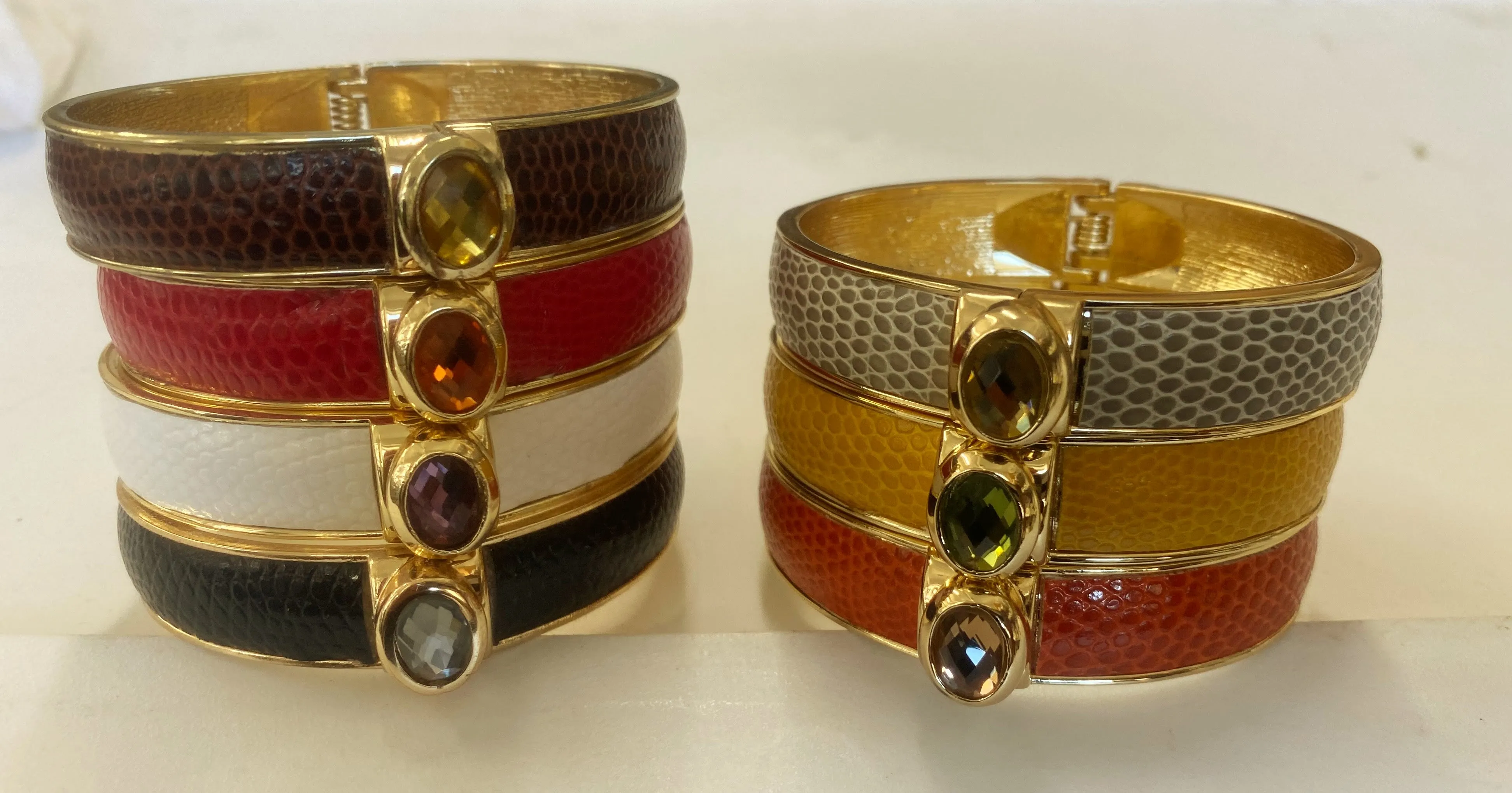 Zirconite Oval jeweled leather hinged Bracelet Bangle. 629B82033