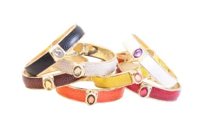 Zirconite Oval jeweled leather hinged Bracelet Bangle. 629B82033